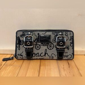 Coach Black & Gray Signature Horse Carriage Zip Around Wallet